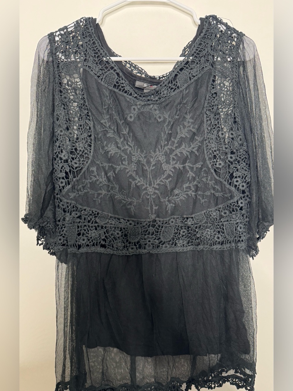 Style & Co. Black Lace Crochet sheer flowy babydoll blouse LG stretch embroider